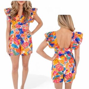 J. Marie The Alana Ruffle Romper - Multi Color Tropical Print NEW Size Medium